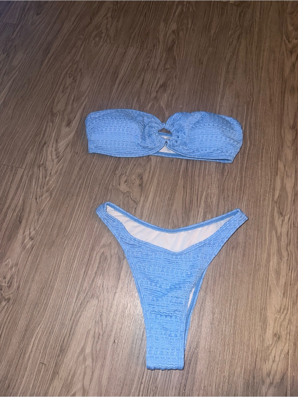 Sky Blue Textured Bandeau Bikini Set